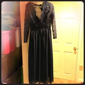 Navy long lace and sheer bridesmaid dress